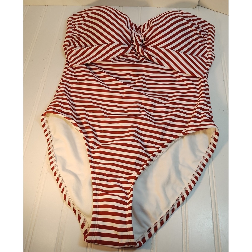 Kona Sol Womens MD Red White Striped Bandeau One Piece Swimsuit Nautical Pinup
